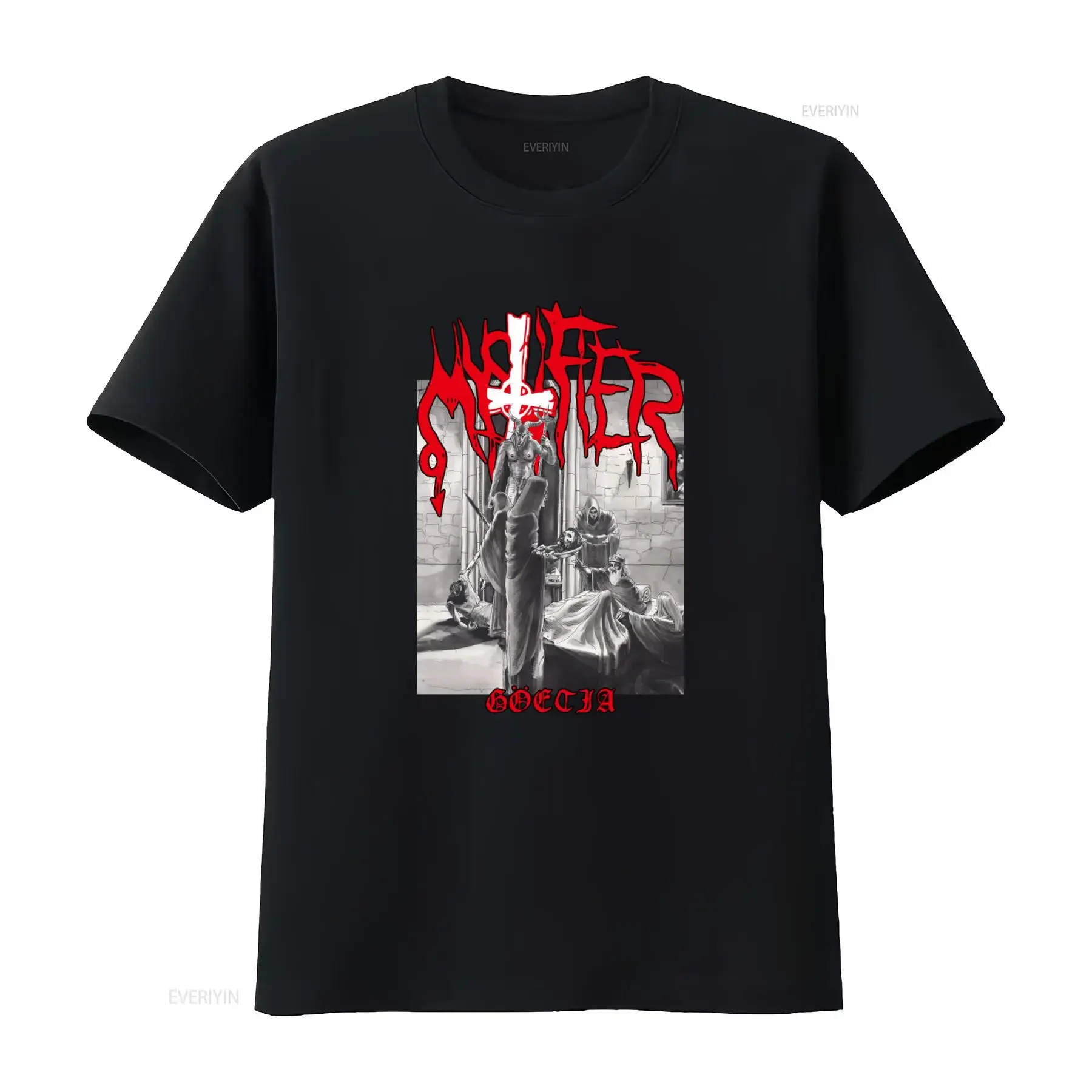 Camiseta Mystifier Goetia Black Metal com Design Blasphemy e Influência Sarcofago Beherit Goatlord, estilo vintage lavado