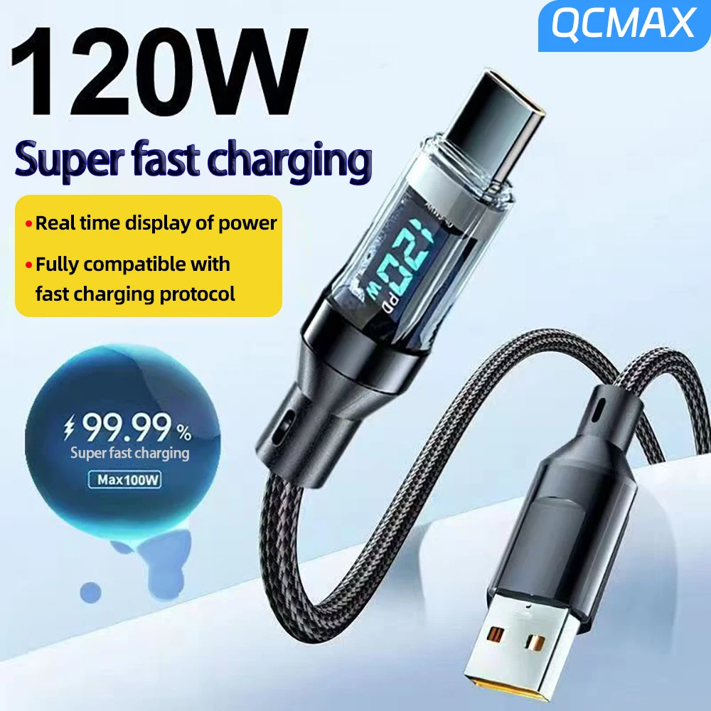 120W USBTypeC Cable PD Cable Fast Charging 100W LED Digital Display Nylon Data Cord for iPhone Xiaomi Samsung USB C Charge Cable
