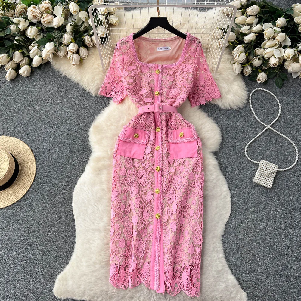 

France Vintage Dress Women Square Collar Short Sleeves Belt Pockets Embroidery High Quality Elegant Party Lace Dress