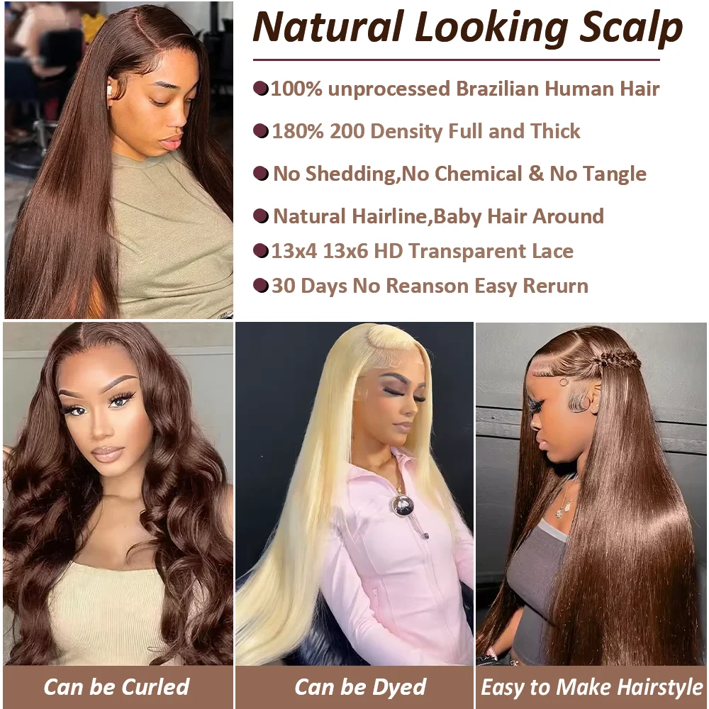 200 الكثافة الشوكولاته البني 36 بوصة العظام مستقيم الدانتيل الجبهة باروكة من شعر طبيعي 13x6 شفافة HD الدانتيل الباروكات الأمامية قبل قطعها #2