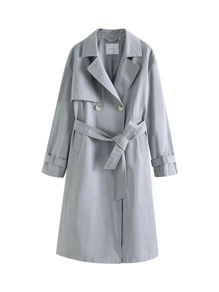 ZIQIAO semplice doppio petto lungo dritto primavera Trench manica Raglan colletto rovesciato femminile blu grigio Trench 24ZQ91232