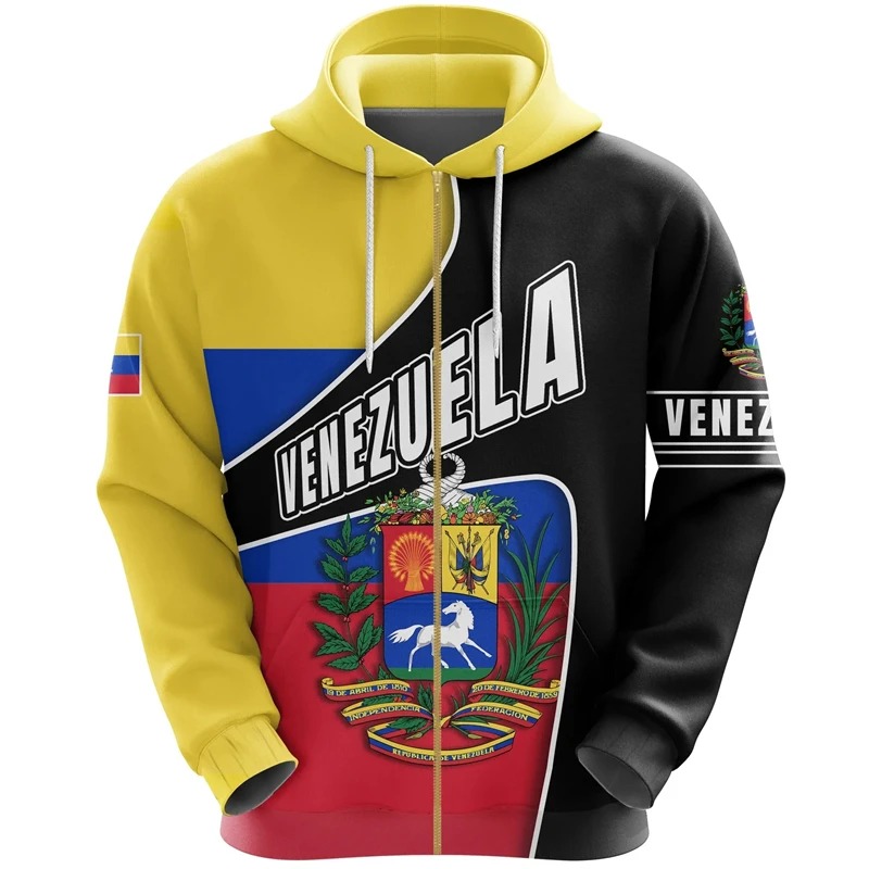 Venezuela Flag Map Graphic Sweatshirts VEN National Emblem Zip Up Hoodie For Men Clothes Casual Male Hoody Sport Boy Pullovers