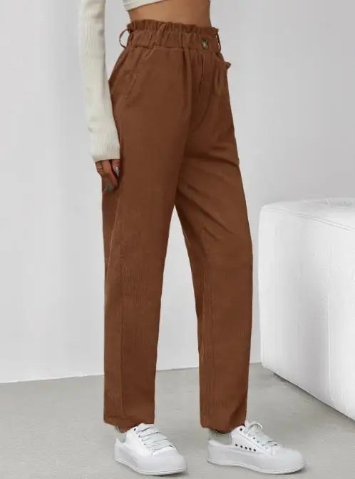 

Women's Pants 2025 New Spring Autumn Casual Elastic Waist Pants Commuter Corduroy High Waist Casual Pocket Straight Leg Pants