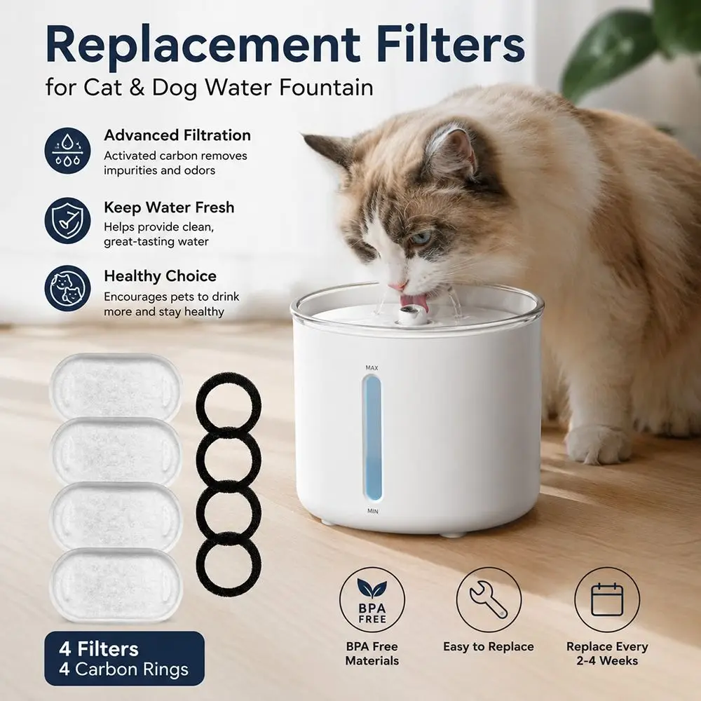 8Pcs/Set Stainless Steel Fountain Compatible Cat Water Fountain Replacement Filter Activated Carbon Filter Element