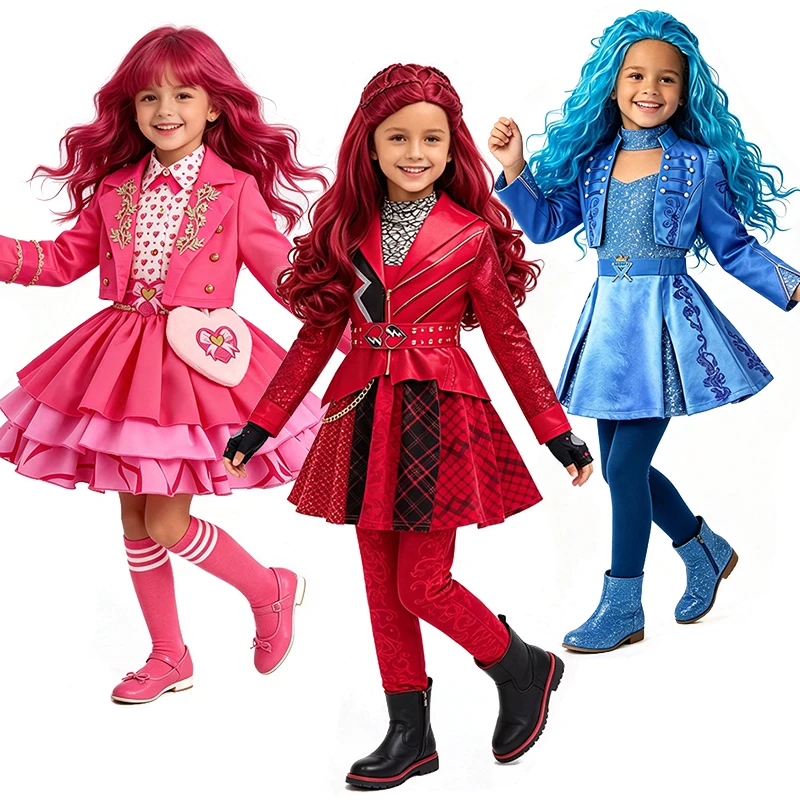 Popular Red Pink Chloe Princess Kids Clothes Halloween Cosplay Descendants Performance Masquerade Carnival Party Girls Outfits