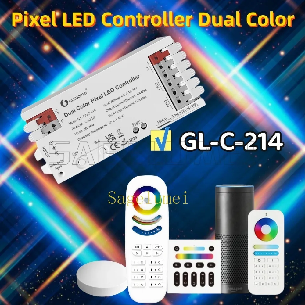 

GL-C-214 GLEDOPTO RF Пиксельный светодиодный контроллер Двухцветный диммер WWCW CCT Белый свет Динамический порт Wago Connect Освещение для гонок