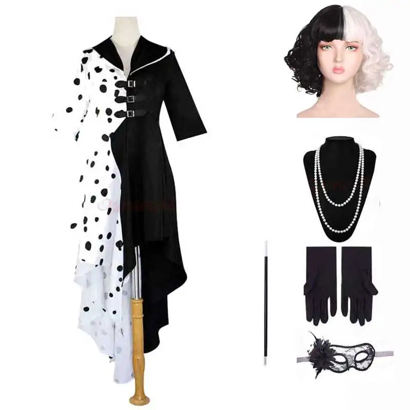 Evil Madame Cruella De Vil Cosplay Costume pour femme, robe de femme de chambre noire et blanche, gants et perruque, fête d\'Halloween, robe de