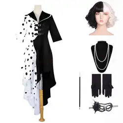 Madame Cruella de Vil fantasia de cosplay para mulheres, vestido preto e branco, luvas e peruca, festa de Halloween, vestido extravagante para meninas