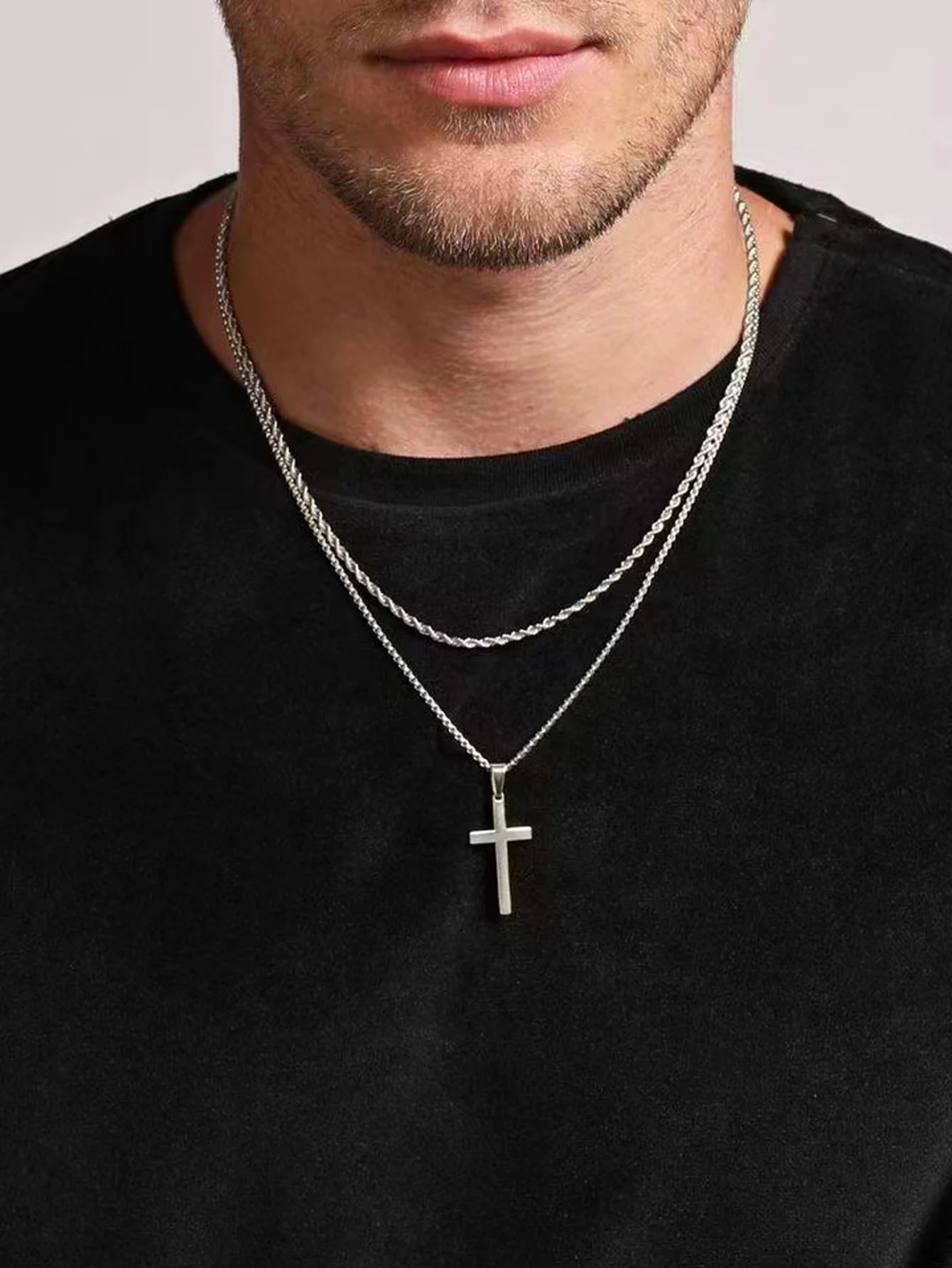 2 uds Punk Hip Hop Cruz de acero inoxidable colgante nudo cuerda cadena joyería Casual para hombres de alta calidad
