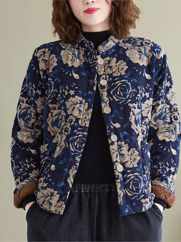 Abrigo de algodón de gran tamaño para mujer, chaqueta de manga larga con estampado de flores, informal, holgada, a la moda, para invierno, 2023