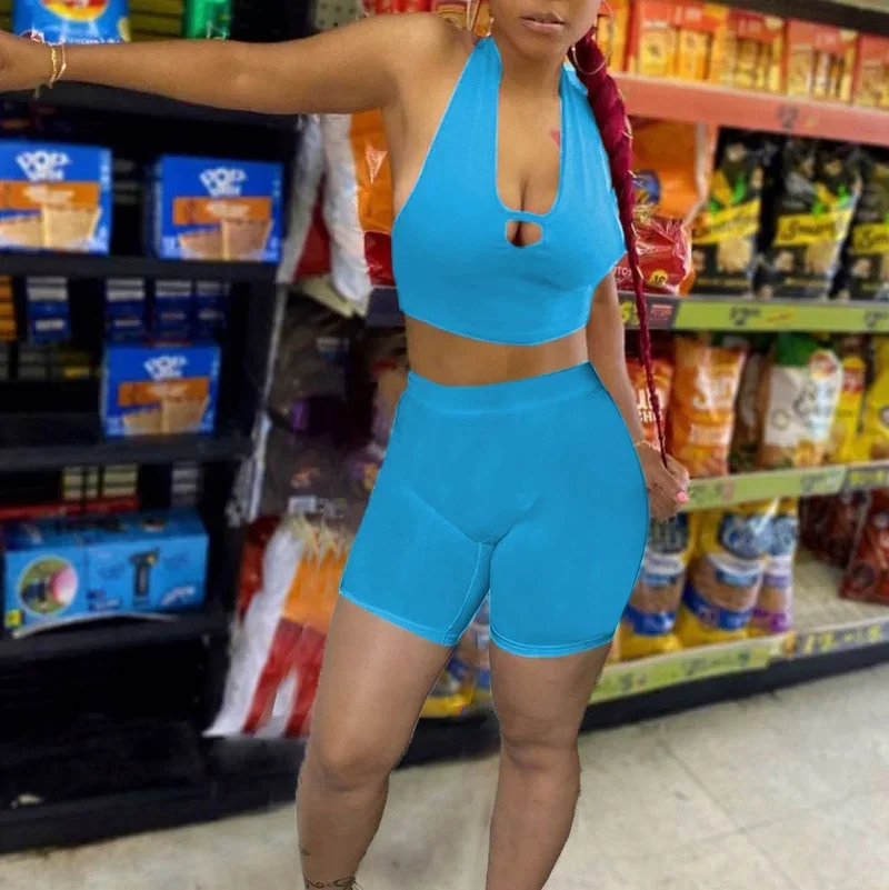 Guwu verão com decote em v halter topo e shorts conjunto de duas peças roupas esportivas femininas sexy agasalho verão rua clube festa outfits