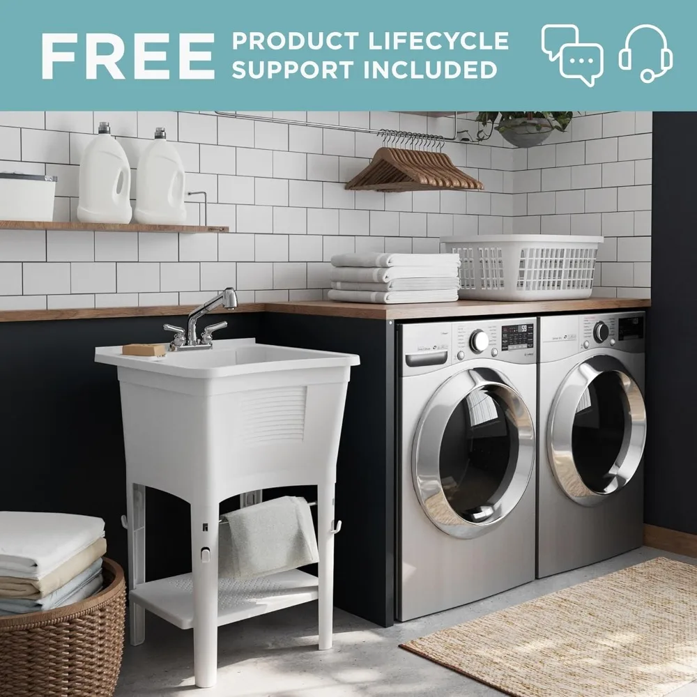 

NEW White,Utility Sink with Faucet,24"Dx24"W– Freestanding Laundry Tub Deep Shop Sink w/Pull-Out Faucet,Towel Bar&Scrub Board