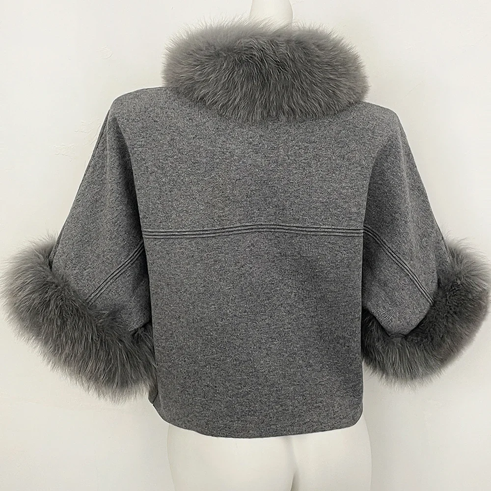 OFTBUY Herbst-Oberbekleidung für Damen, Kurze Batwing-Strickjacke mit Echtfuchs-Pelzkragen und -Manschetten, Kurzer Strickmantel für Damen – Detail 19