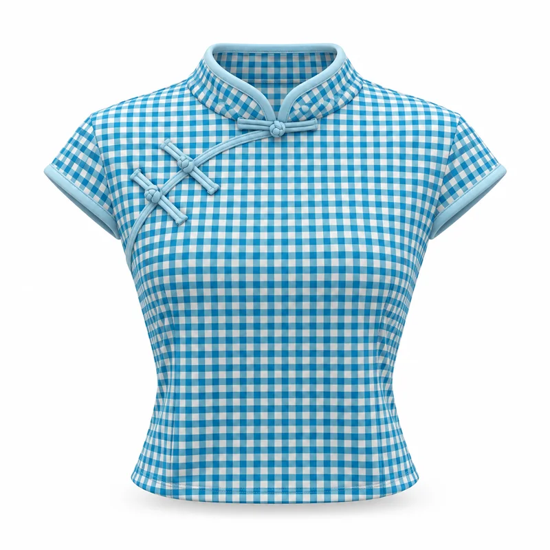 2026 Sommer Neues Damen-Kurzarm-T-Shirt mit Gingham-Karo, Mandarin-Kragen, Froschknopf, Slim Fit, Vintage Chinesischer Stil, Lässiges Oberteil – Detail 4