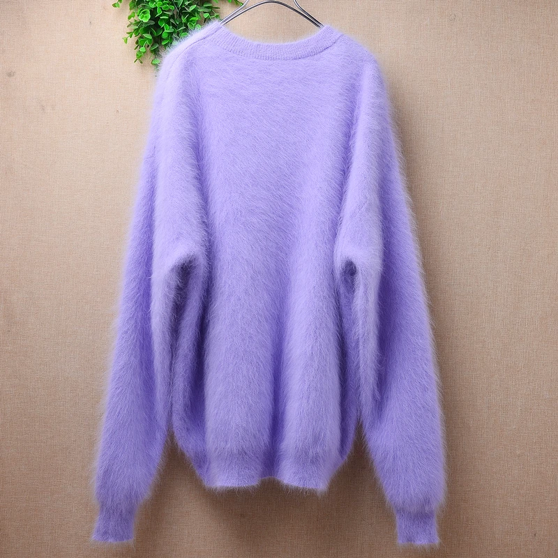 Ladies Women Fall Winter Clothing Purple Hairy Mink Cashmere Knitted O-Neck Long Sleeve Loose Pullover Angora Fur Jumper Sweater