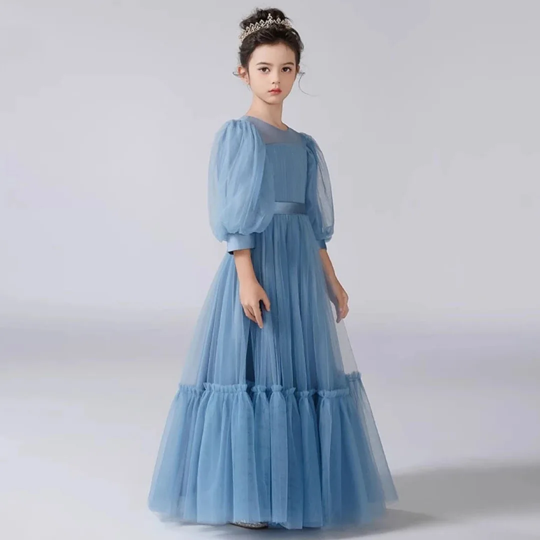 Abito da ragazza di fiore in tulle a strati personalizzato con fiocco Matrimonio Compleanno Cintura blu grigia Mezza manica per banchetti Abiti da santa comunione