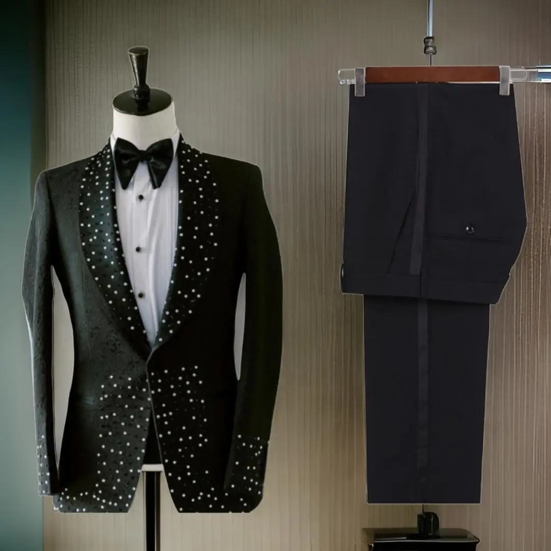 Luxury Beaded Men Suits for Wedding Party Slim Fit 2 Piece Formal Groom Tuxedo 2024 Fashion Suit Jacket with Black Pants