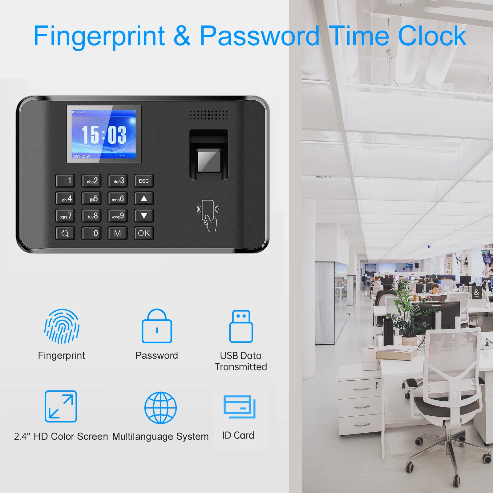 Intelligent Biometric Fingerprint Password Attendance Machine Time Clock Employee Checking-in Recorder 2.4 inch LCD Screen