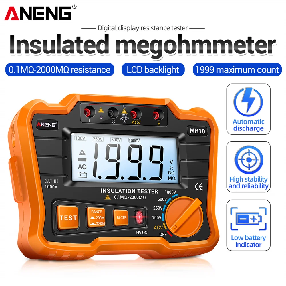 ANENG MH10 Orange Blue Desktop Megohm Meter Insulation Resistance Tester Auto Range Ohm Megohmmeter LCD Backlight Tools