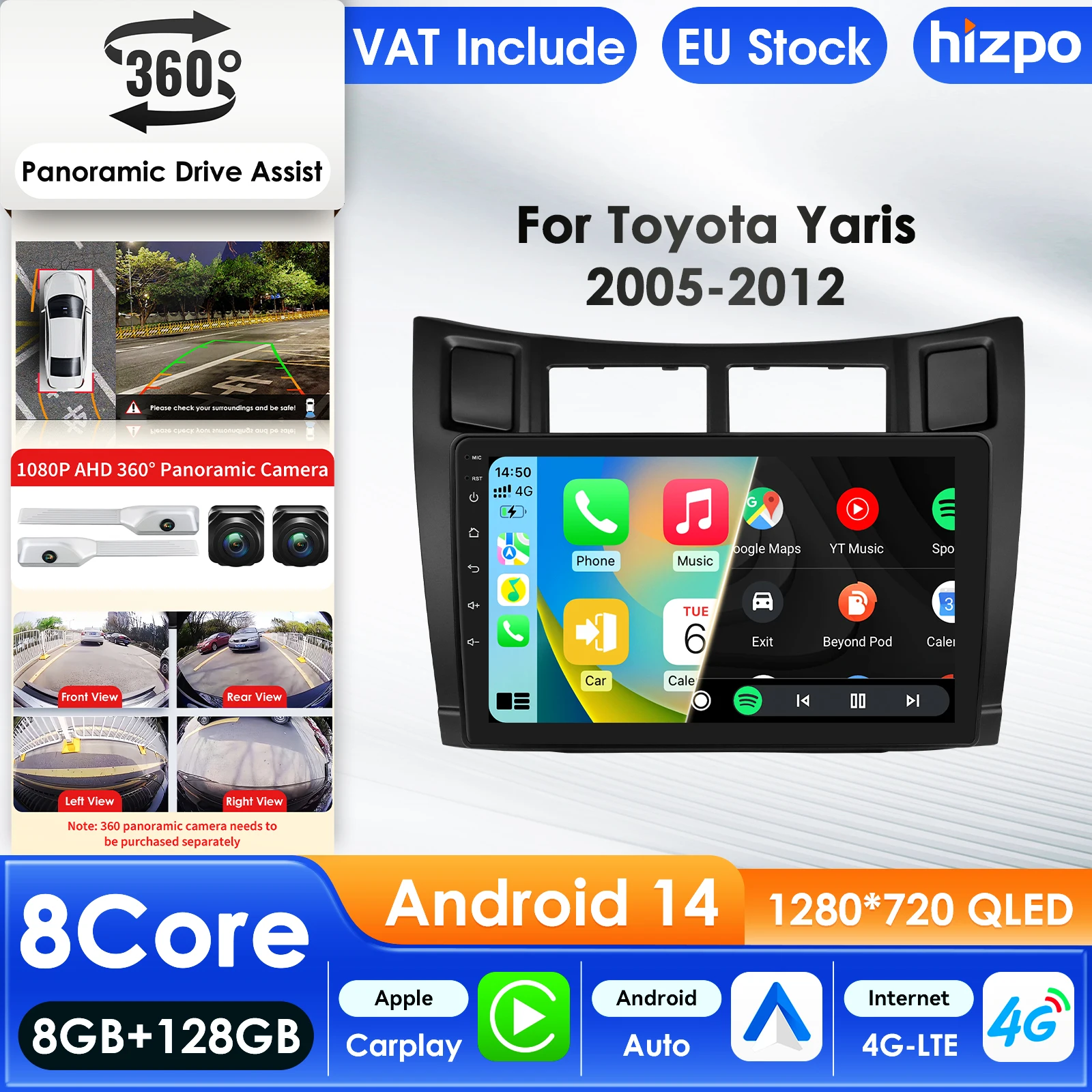 Hizpo 2Din Android 13 Car Multimedia Player For Toyota Yaris 2005-2012 GPS Carplay 4G AI Intelligent Screen Autoradio 360Camera