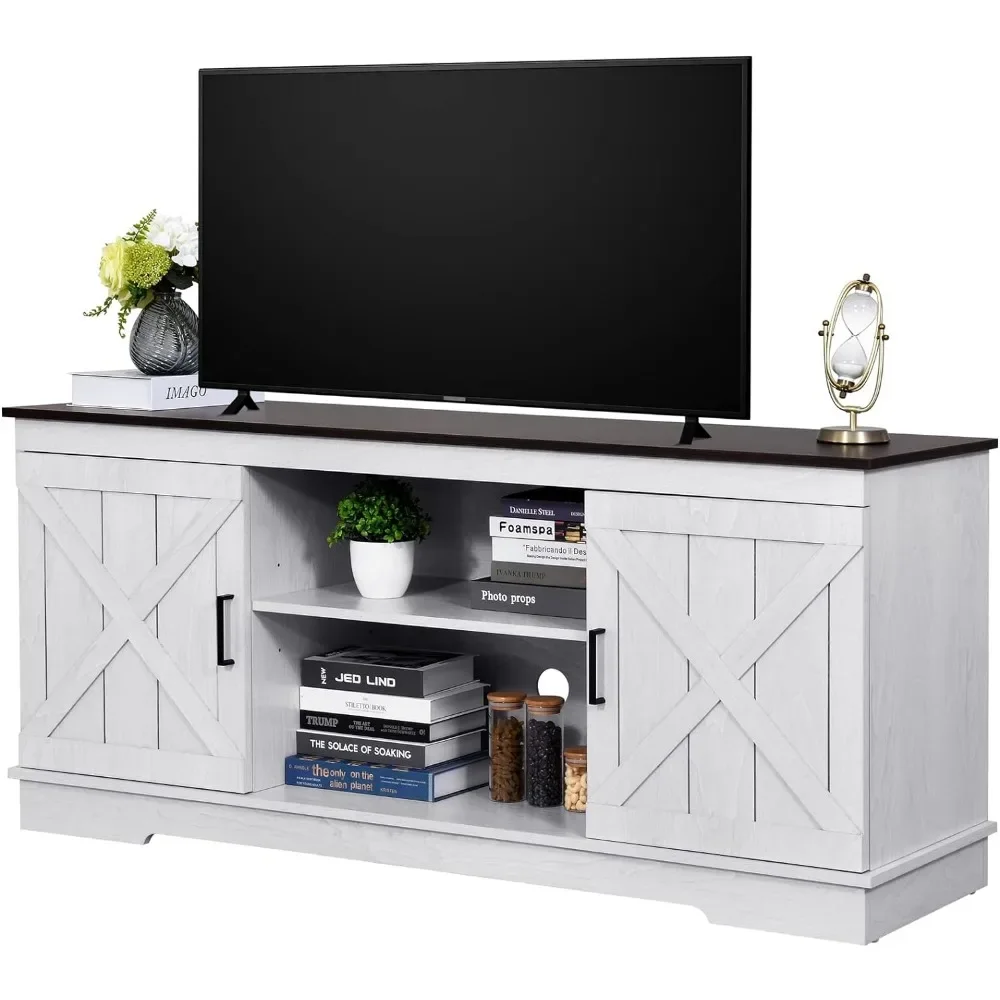 Farmhouse TV Stand for 65 Inch TV, Mid Century Entertainment Center for 300lbs with Double Barn Doors, Rustic TV Media Console