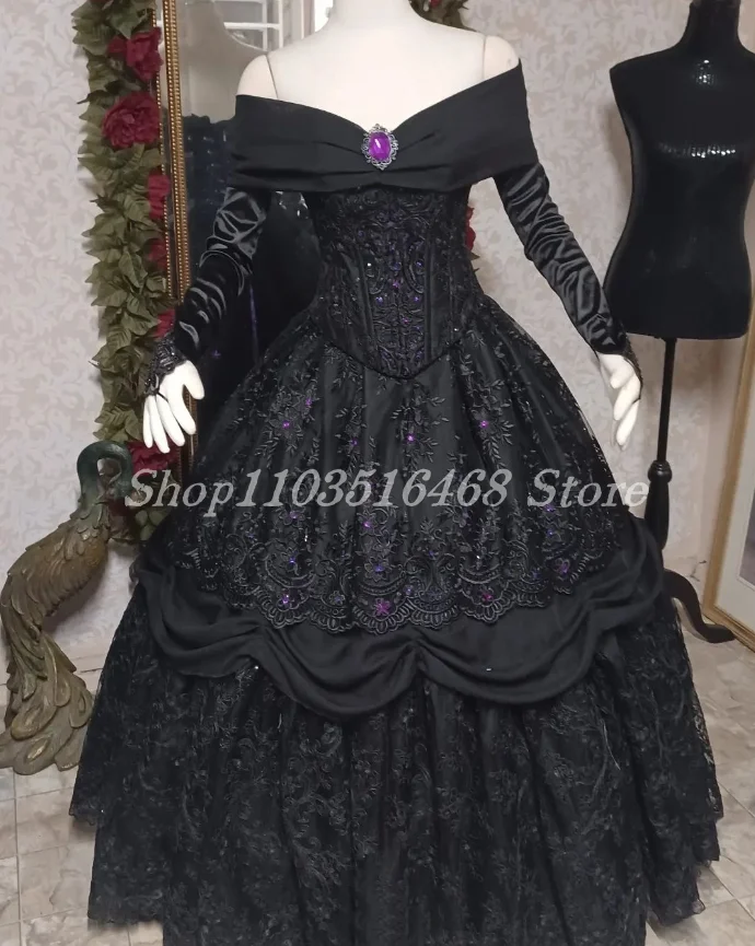 Vestidos de casamento vitorianos vintage com espartilho ruched, Manga comprida, Vestido de noiva gótico com xale destacável, Roupa medieval