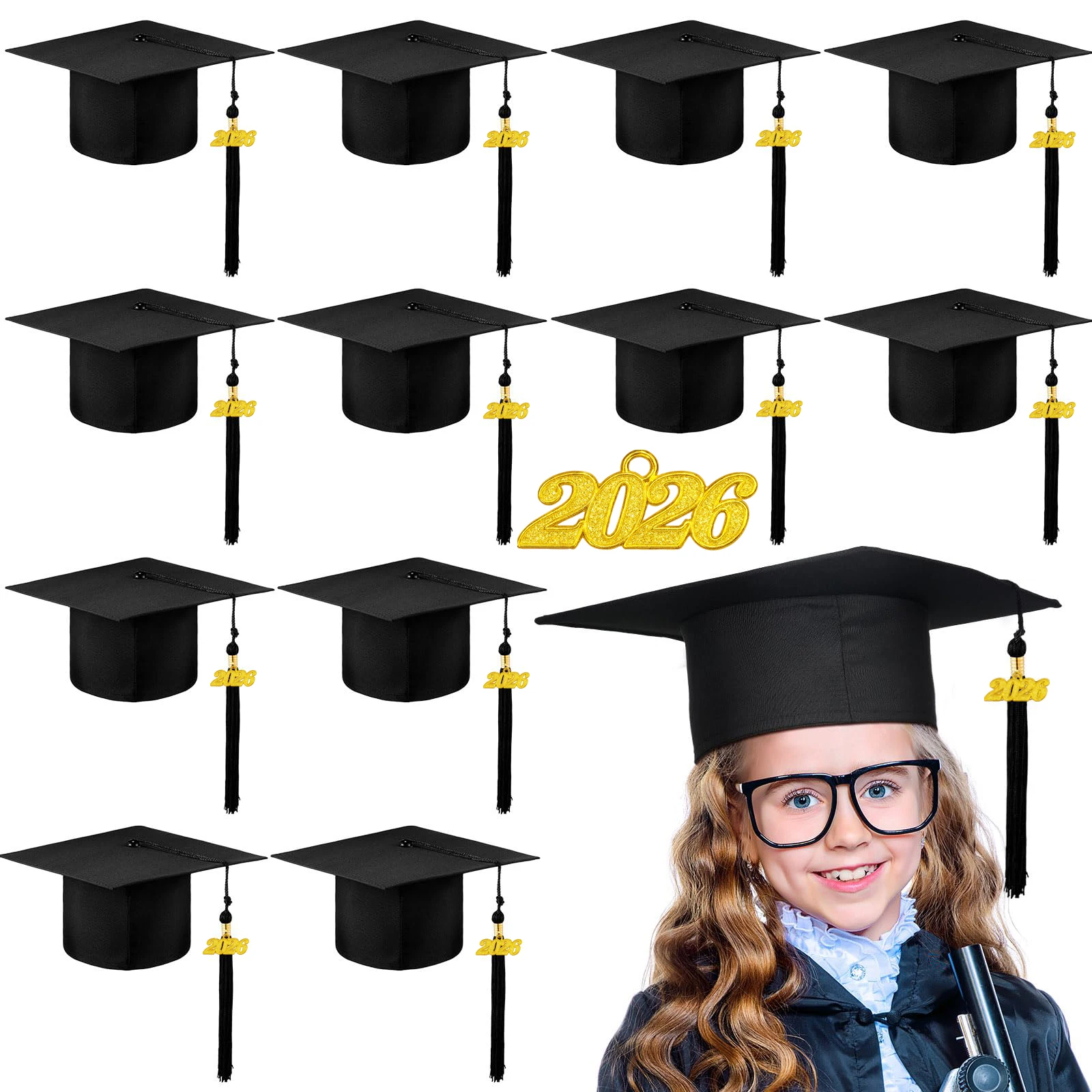 2-12 Peças de Chapéus de Formatura para Pré-escola, Chapéus de Formatura para Jardim de Infância em Tamanho Infantil com Borla de Metal 2026 para Pré-escola