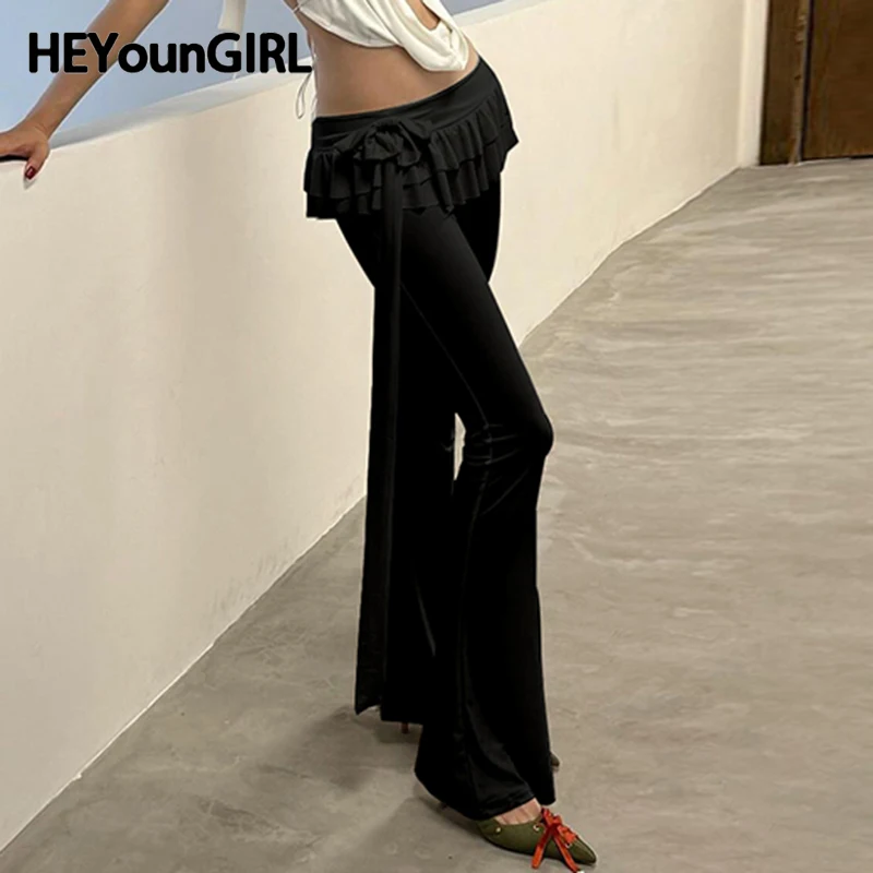 

HEYounGIRL Patchwork Ruffles Trim Flare Pants Low Waist Fashion Y2K Slim Black Trousers Chic Basic Casual High Street Joggers