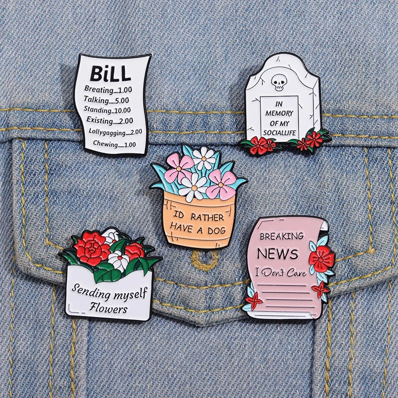 Sending Myself Flower Enamel Pins Brearing Bill News White Tomb Metal Brooch Badge Trendy Punk Lapel Jewelry Gift For Friends