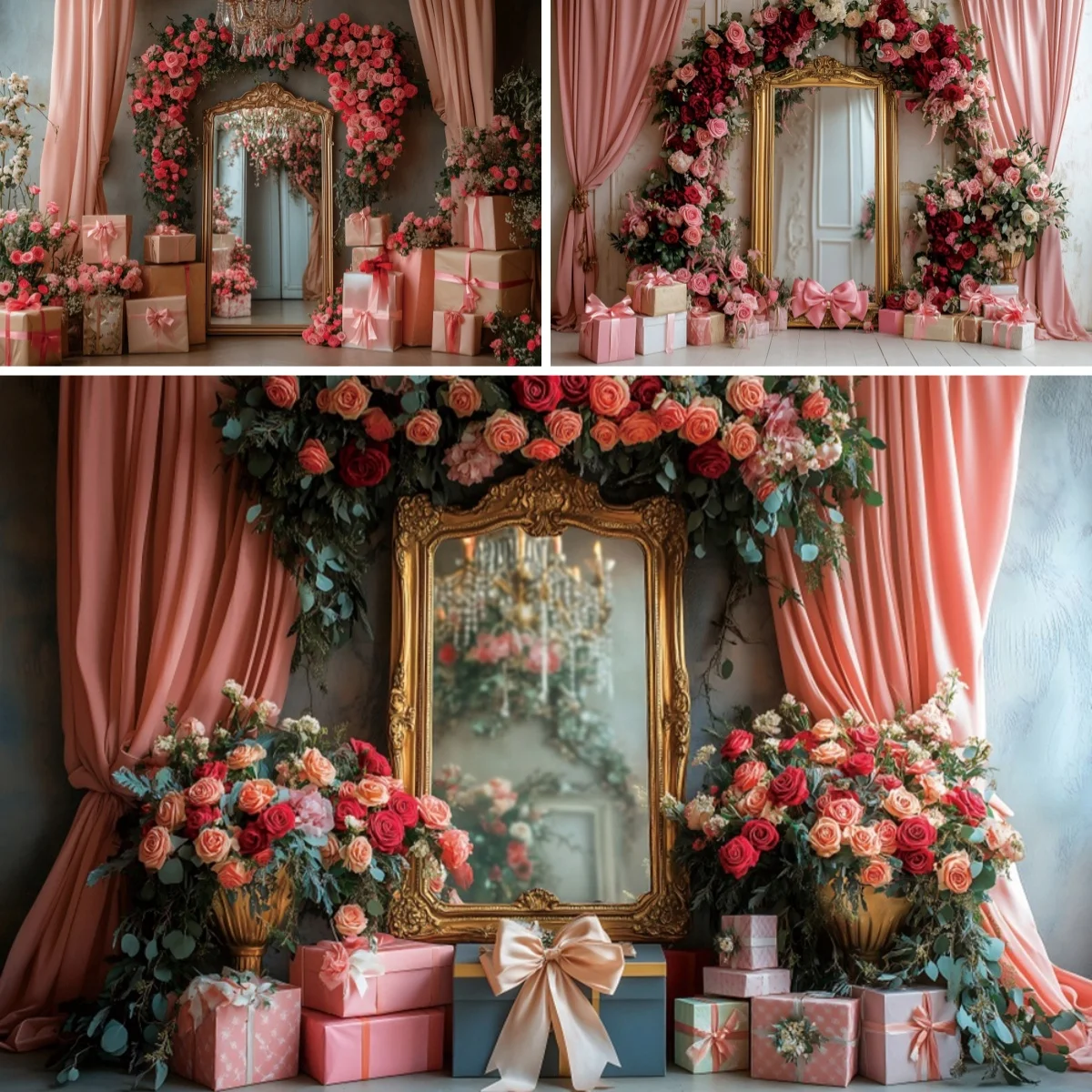 

Фоны на День святого Валентина, розовые розы, цветы, занавеска, подарок, зеркало, украшение для дома, 14 февраля, портретный фотофон для пар