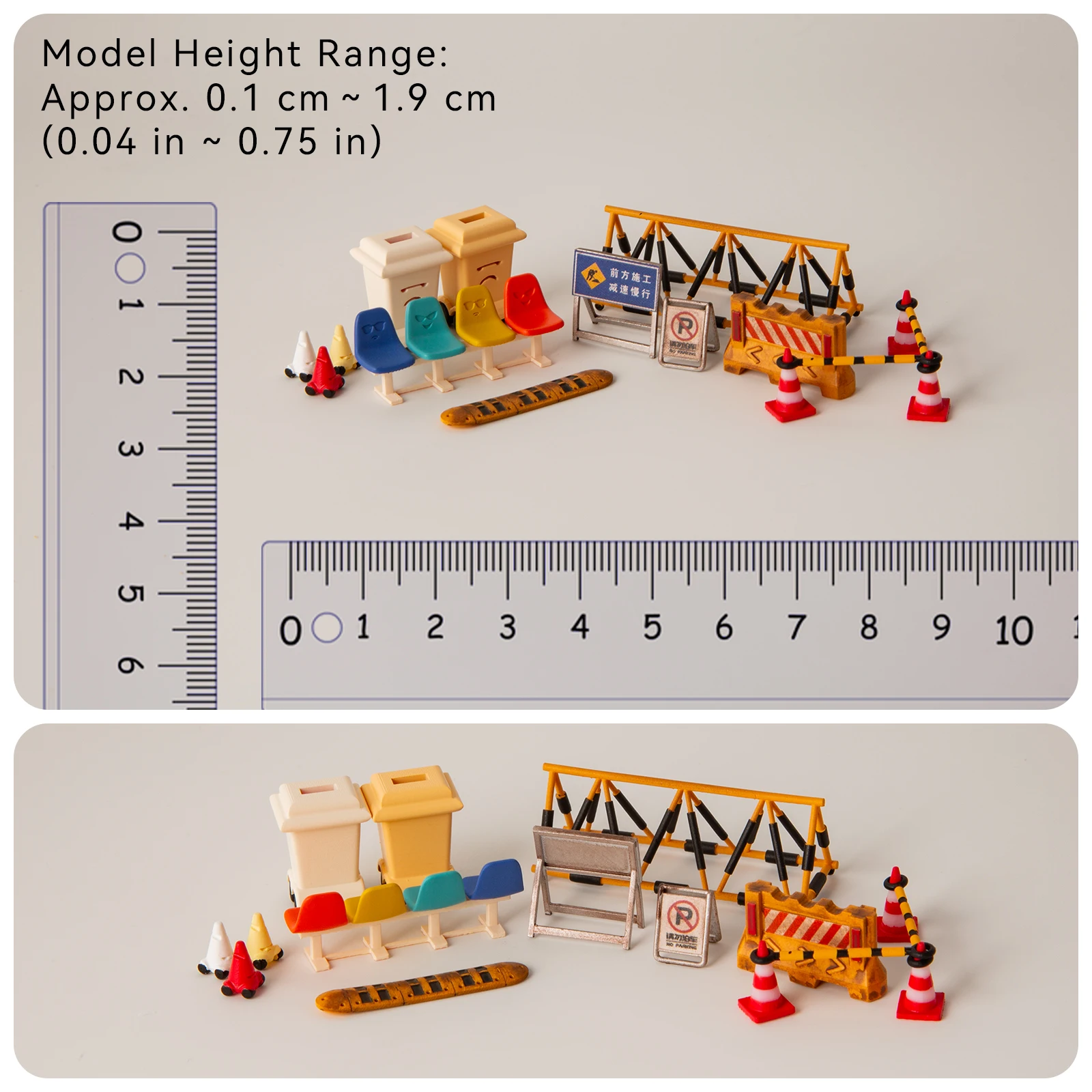 1/64 Street Resin Model Traffic Cones Road Barriers Signs Trash Bins Bench Miniature Diorama Model Car Scene Accessories