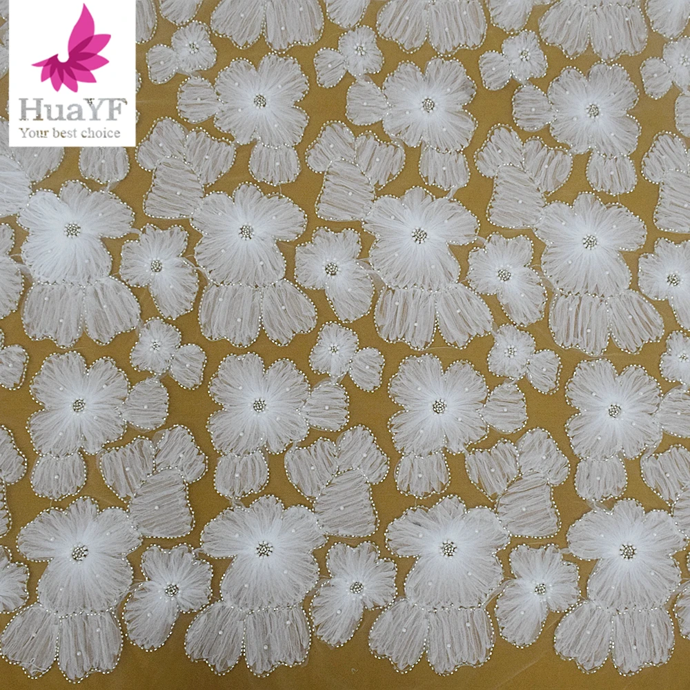 2023 New Coiling Embroidery White 3d Flower Pearls Beaded Applique French Wedding Bridal Lace Dress Fabric HY2365