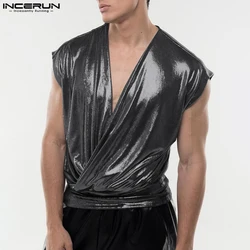 2024 Men Tank Tops Sparkling V Neck Sleeveless Summer Solid Casual Male Vests Streetwear Fashion Men's Clothing S-5XL INCERUN