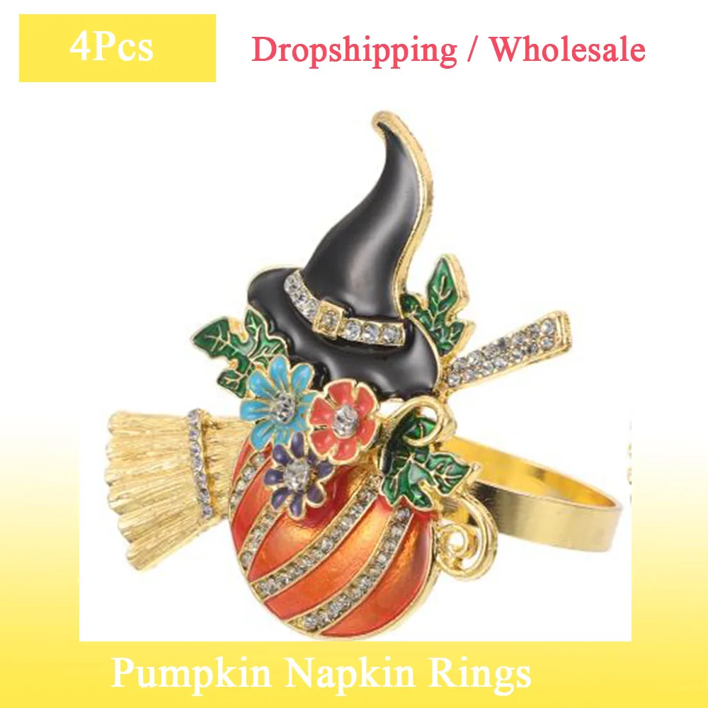 

4 Pcs Wizard Hat Napkin Buckle Pumpkin Napkin Rings With Rhinestone Witch Hat Design Serviette Holder For Party Dining Halloween