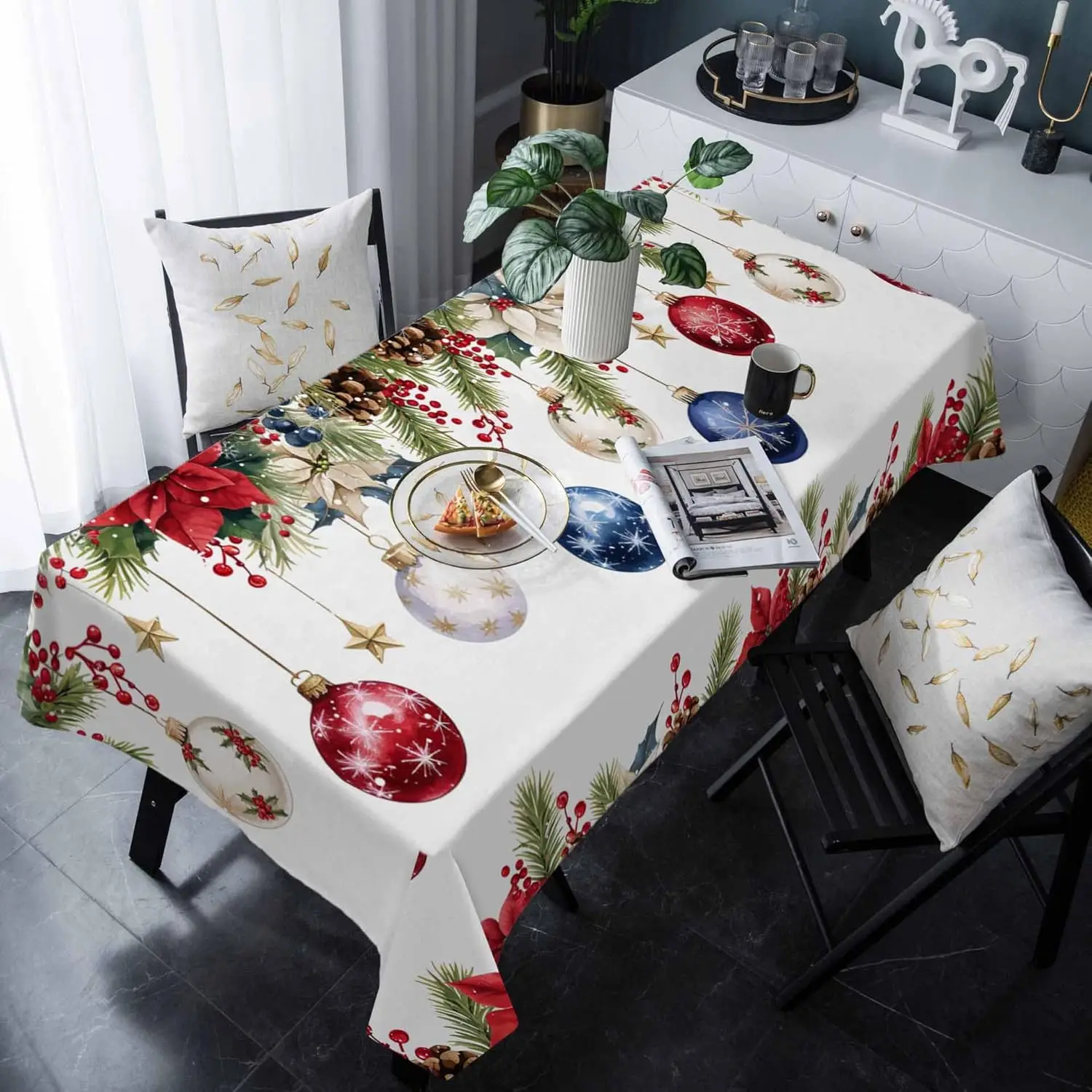 Christmas Poinsettia Berry Xmas Ball Waterproof Tablecloth for Table Decor Winter Kitchen Dining Tablecloth Christmas Decoration
