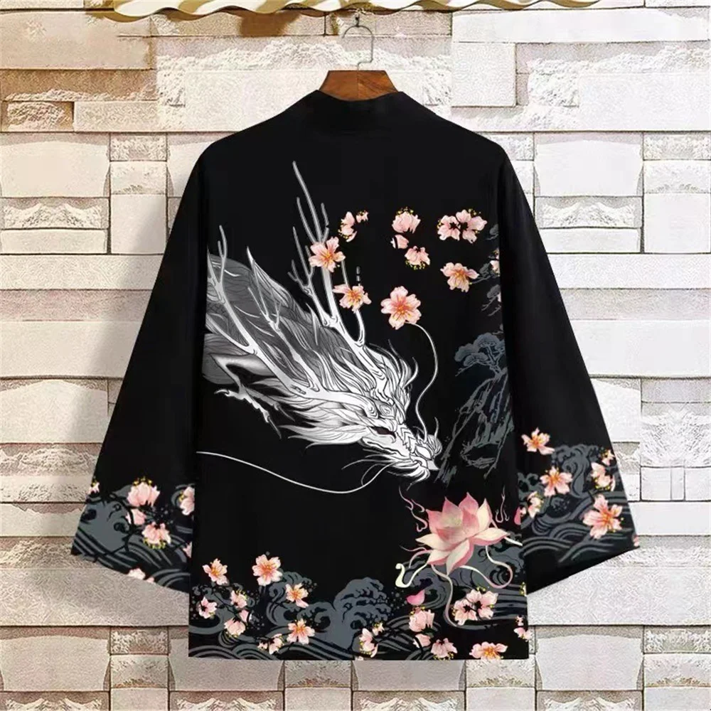 Traditional Japanese Kimono for Men and Women Vintage Ukiyo-e Dragon Print Yukata Streetwear Black Cardigan, Cosplay Haori Coat,