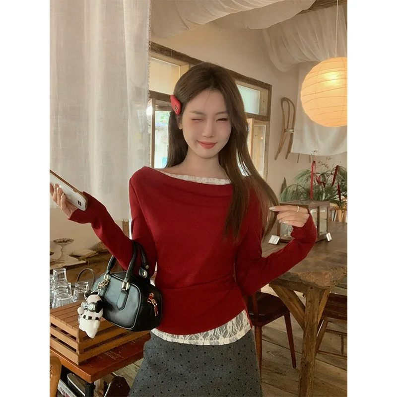 Angled Off-shoulder Pure Lust Lace Stitching Tees Long-sleeved Bottoming Shirt For Women Tops