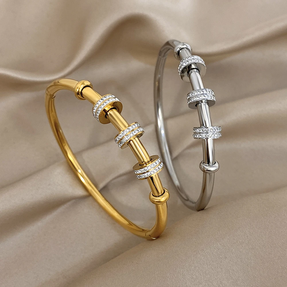 

Luxury Zircon Round Stainless Steel Bracelets for Women Elegant Smooth Gold Color Cuff Spring Bangle Waterproof Jewelry Gift
