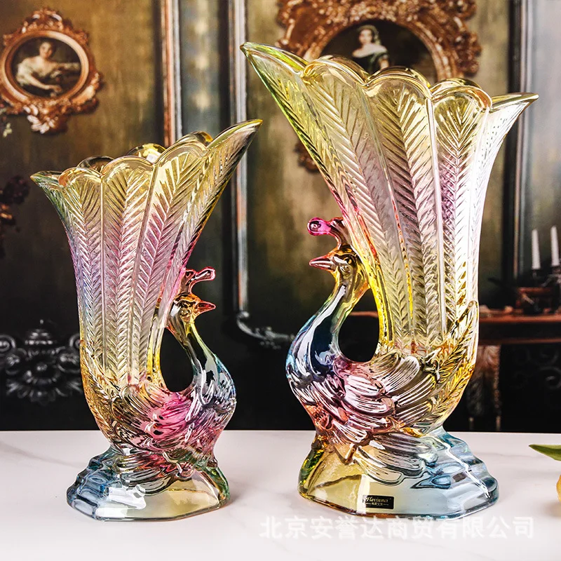 Luxury Handmade Art Works Colored Glaze Bird Vase Crystal Heronsbill Ornaments Home Table Decor Glass Flowers Container