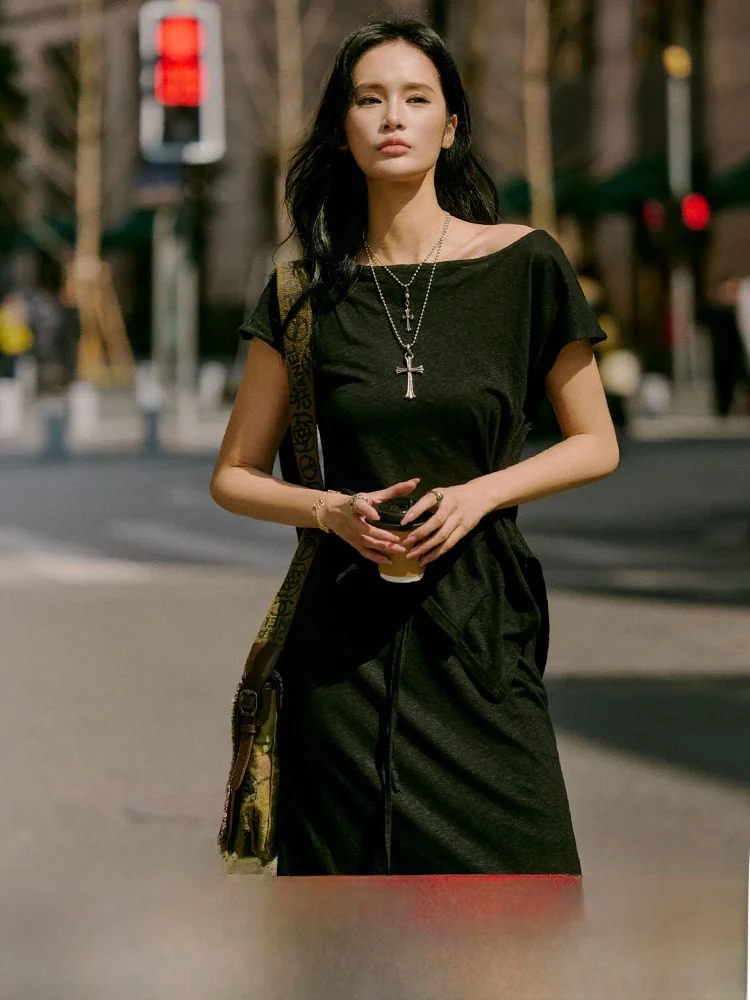 

Luna7xi Black Linen Two-Piece Set Women's Summer One-Shoulder Asymmetrical Top Long Half Skirt Fashionable Commute Style