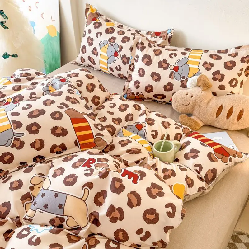 Leopard Print Duvet Cover Set No Filler Cute Cartoon Flat Sheet Pillowcases Girls Boys Twin Queen Dormitory Home Bedding Set