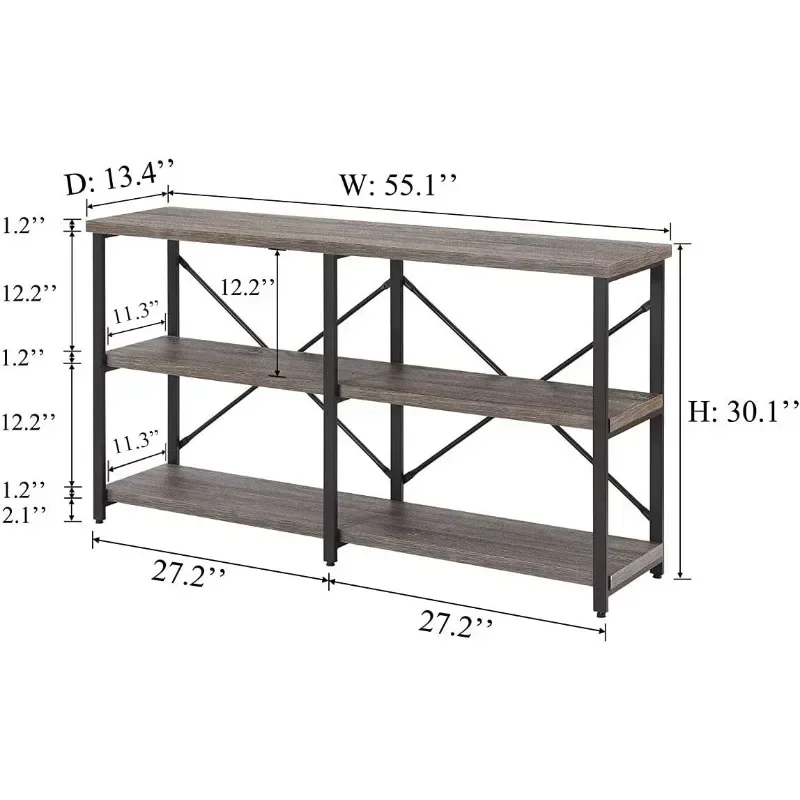 Rustic Console Table Behind Sofa, 3 Tier Long Bookshelf for Entry (55 Inch, Dark Grey Oak),13.39 