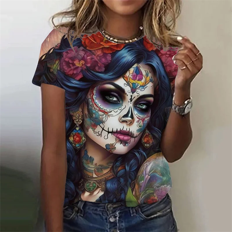 3D Printed Sexy Girls T Shirt For Women Horror Undead Skull Pattern Tees Summer Casual O-Neck Tops Short Sleeves Loose T-Shirts — zdjęcie 6