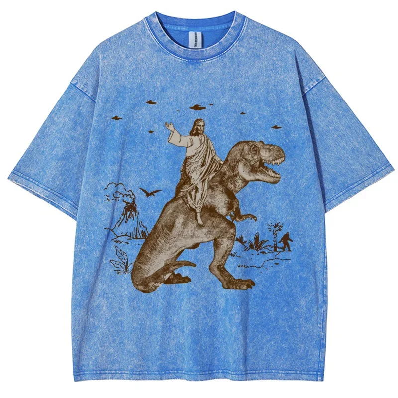 A 2D printed cartoon dinosaur fashion T-shirt for women and women a washable retro pure cotton fashion design top