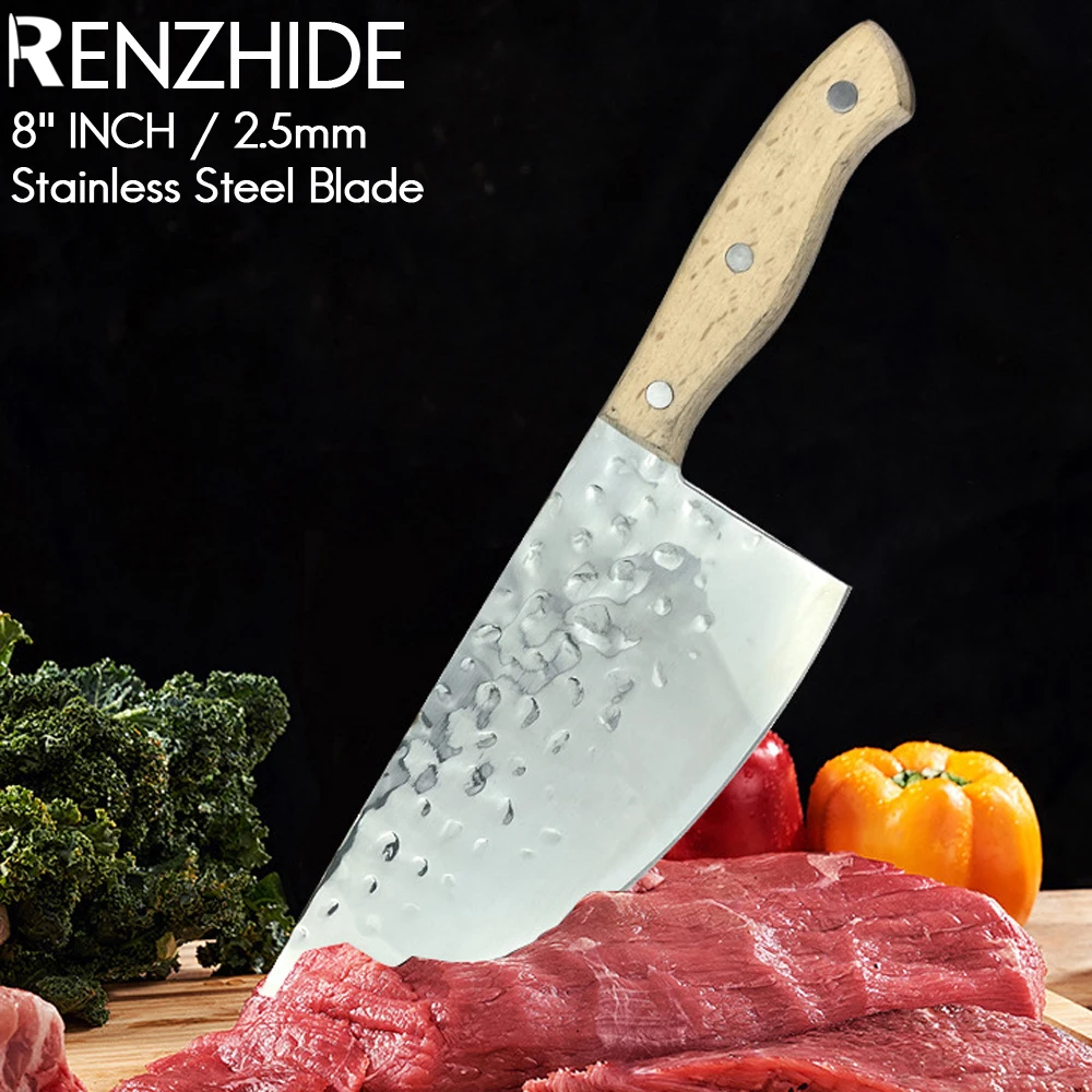 

RZD Meat Cleaver Stainless Steel Chinese Style Chef Chopping Knife Wood Handle Fishing Fillet Fruit Cooking Accessory Tools