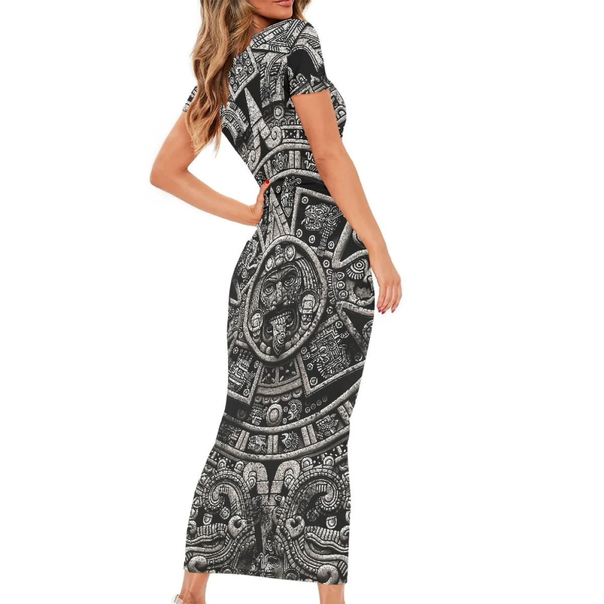 

Summer Ladies Long Skirt Polynesia Totem Print Women's Wrap-Up Dress Short Sleeves Fashion Sexy Slim Bottoming Tight Girl Dress