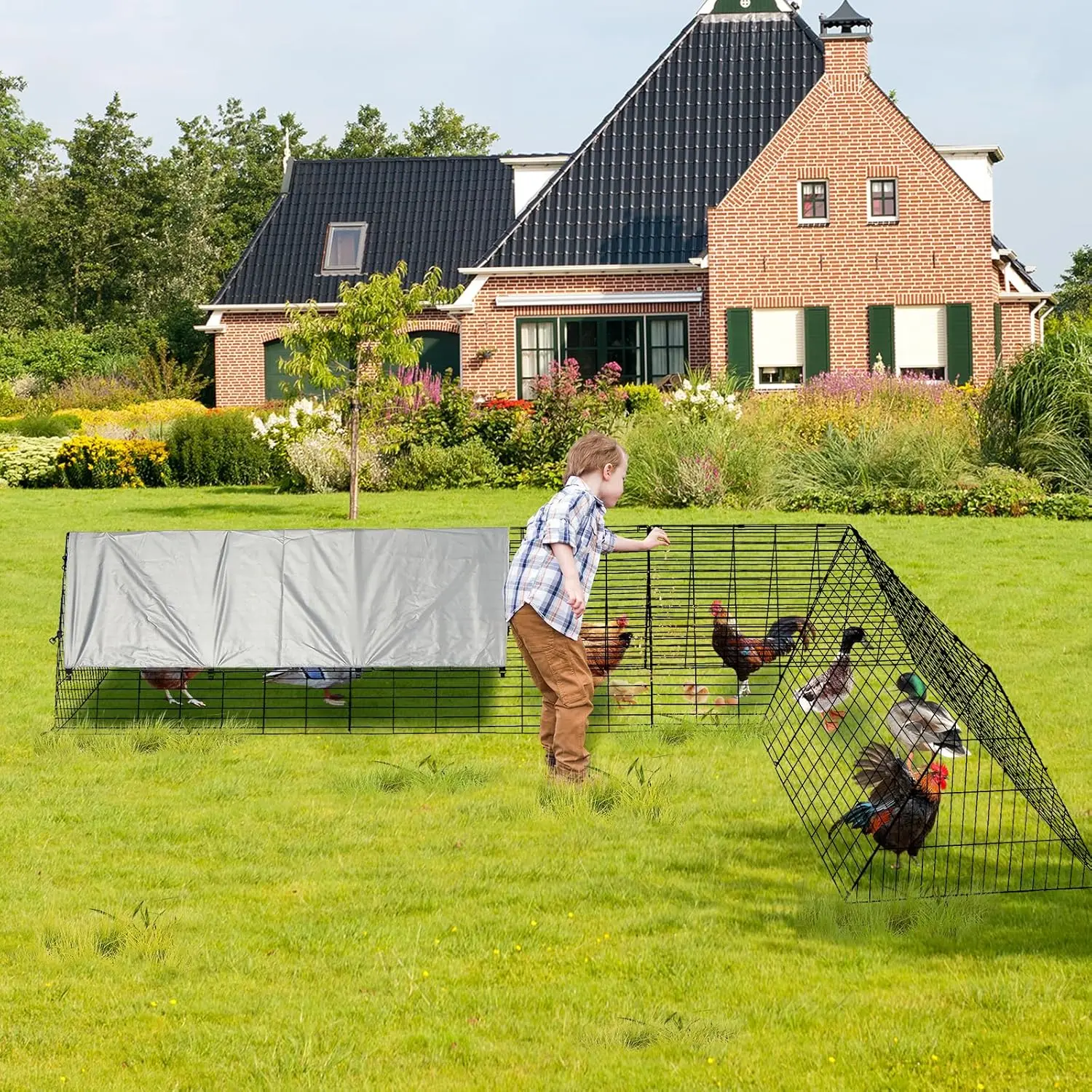 

Metal Chicken Coop with Run, Chicken Tunnels with Waterproof Cover Steep-Pitched Roof Poultry Cage for Hens Ducks Rabbits