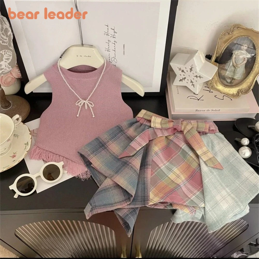 

Bear Leader Children's Clothing Summer Fashion Casual Girls Sets Pink Sleeveless Top+Checkered Printed Irregular Short Skirt
