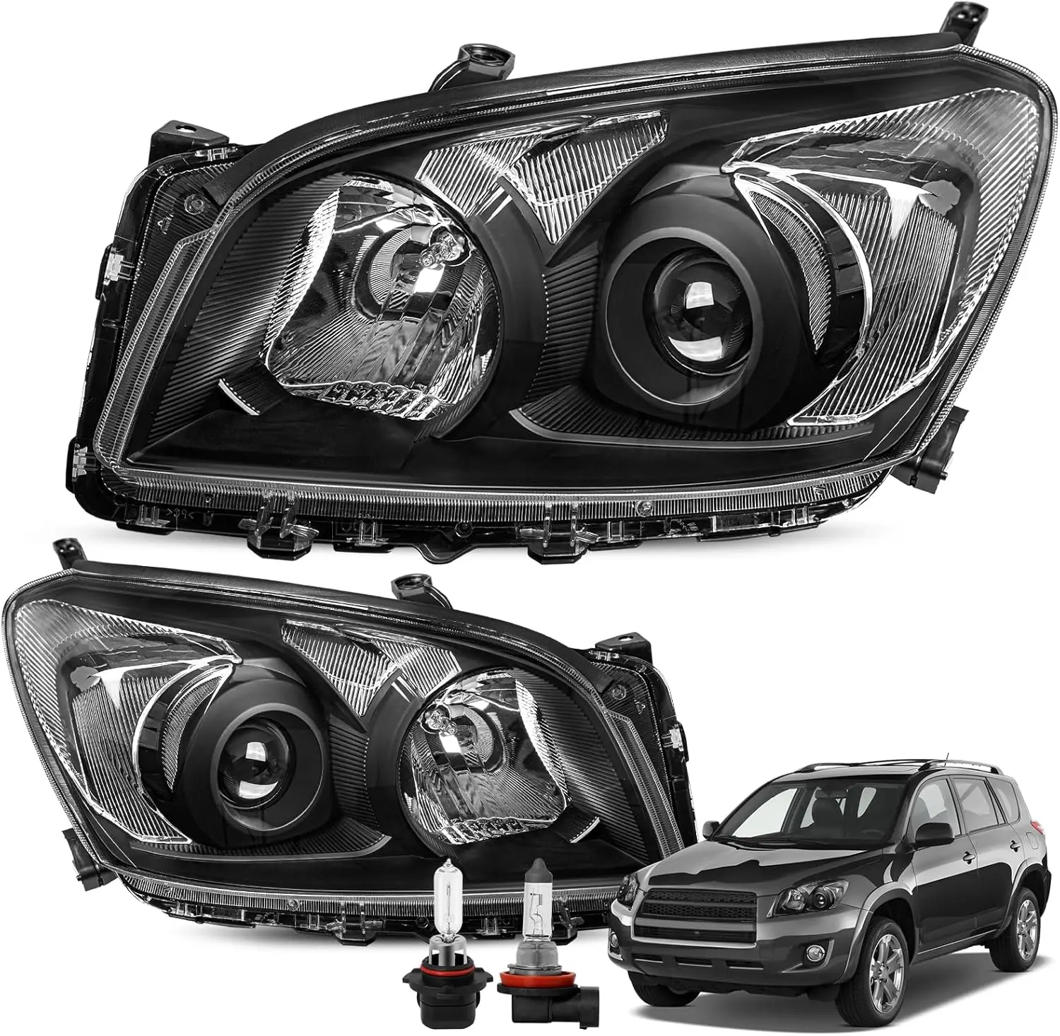 Halogen Headlight Assembly, Black Housing with Clear Reflector, for 2009-2012 Toyota Rav4 Driver and Passenger Side, Includes Bu