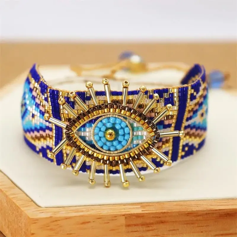 Blue Vintage Ethnic Style 3D Devil's Eye Miyuki Bracelet Handmade Beaded Multi layered Religious Totem Bracelet